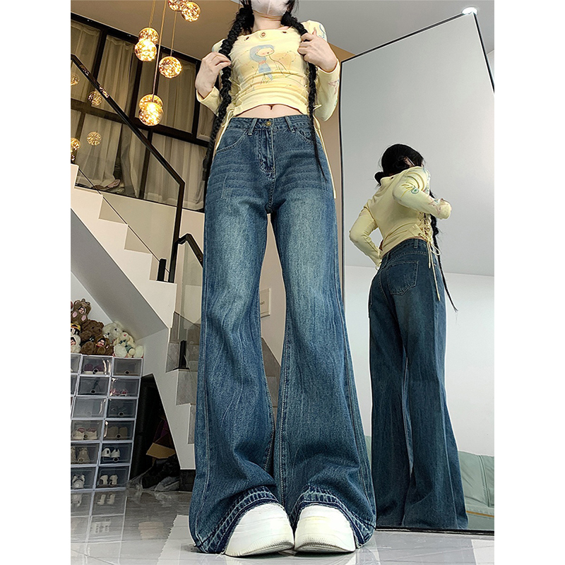 300斤特大码女装美式复古牛仔裤胖mm休闲风高腰显瘦微喇叭拖地裤