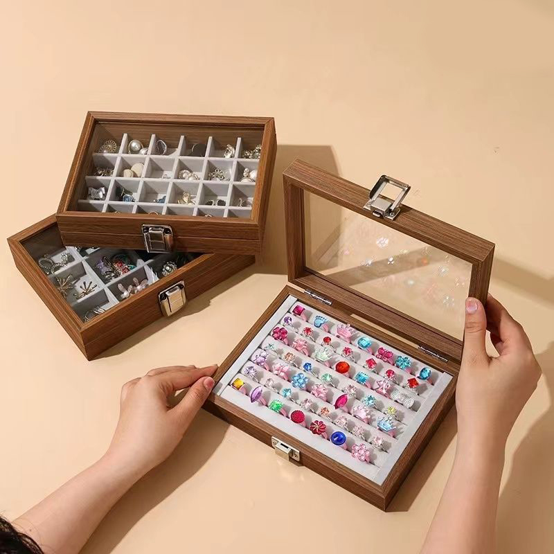 黑胡桃木纹防尘珠宝箱手镯手链戒指耳钉项链盒戒指首饰戒指收纳盒