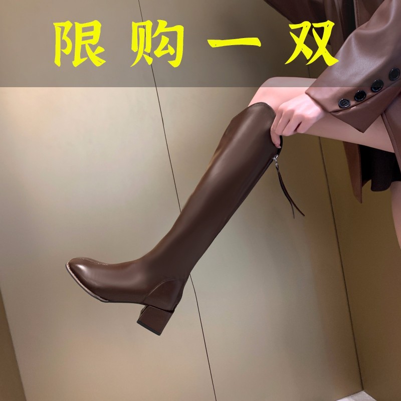 百丽纯爱长筒靴女真皮2023秋冬新款粗跟不过膝高筒瘦瘦靴时尚高