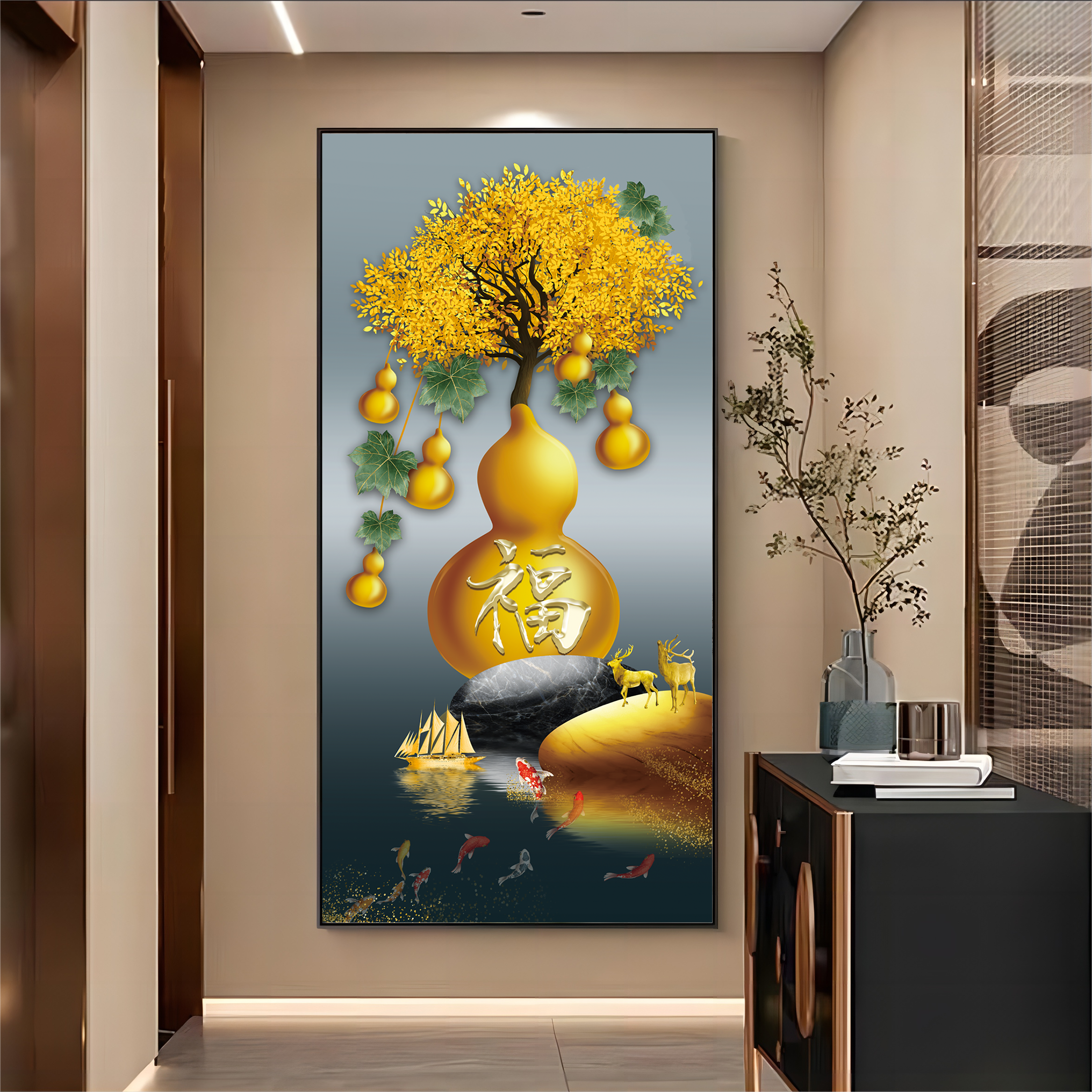 晶瓷镶钻玄关画客厅入户中式葫芦黄金树装饰画福字锦鲤背景墙挂画