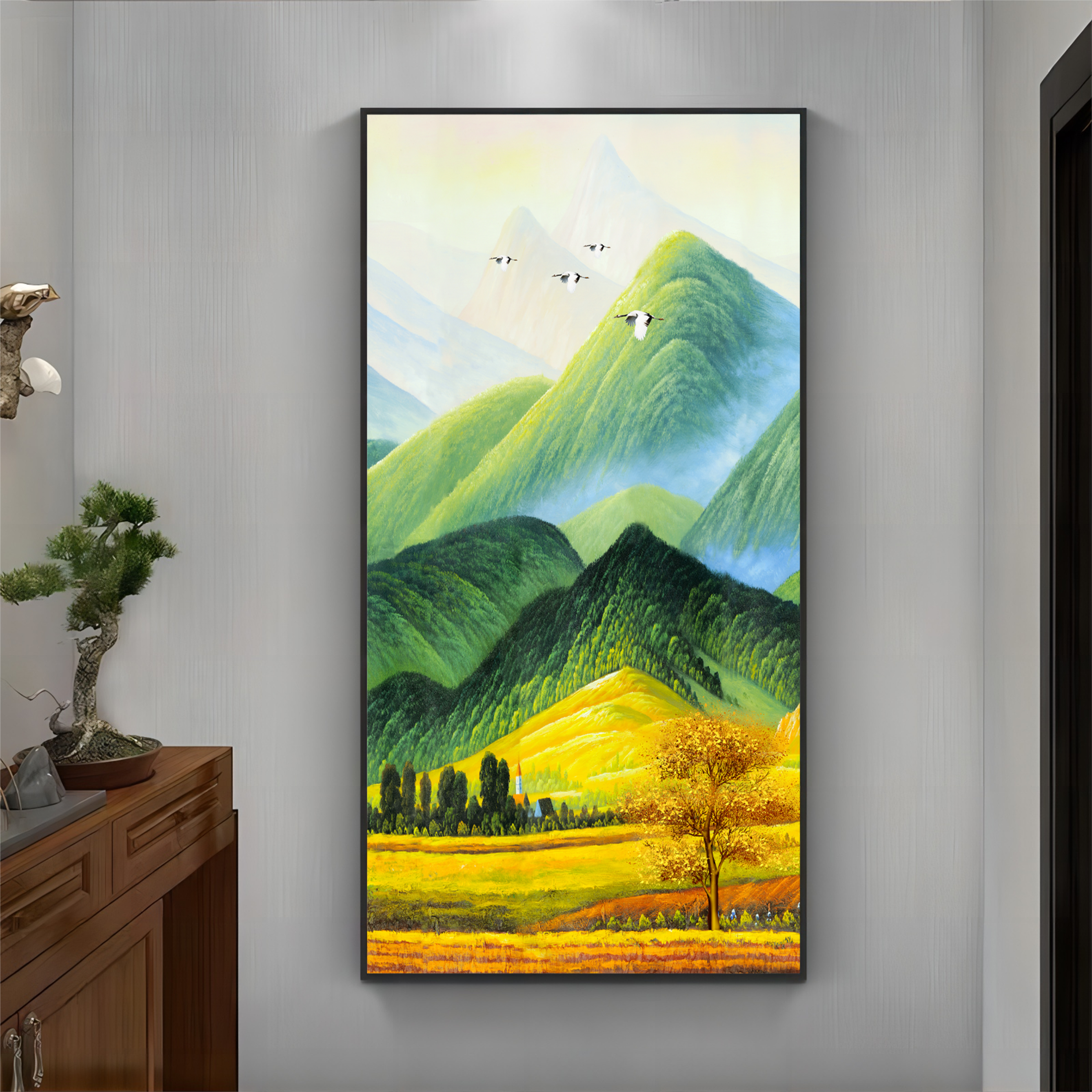 玄关装饰画青山野沃现代新中式走廊过道尽头墙挂画竖版晶瓷画壁画