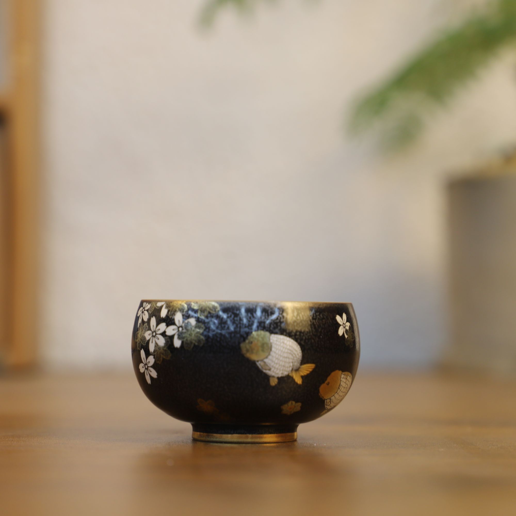 天目釉青瓷禅定杯鎏银百花福寿鱼中式陶瓷精美小号个人喝茶器