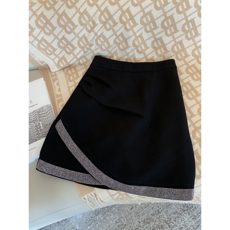 星野&烫钻边褶皱气质半身裙4810