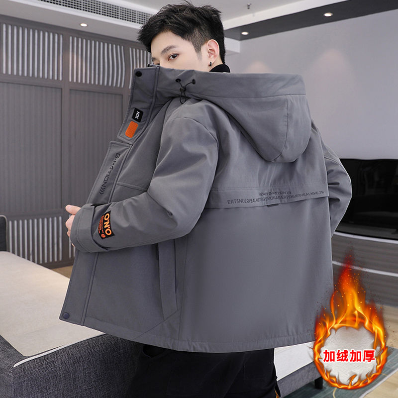 以纯加绒可选男士秋冬款外套加绒加厚夹克休闲连帽工装保暖棉衣青