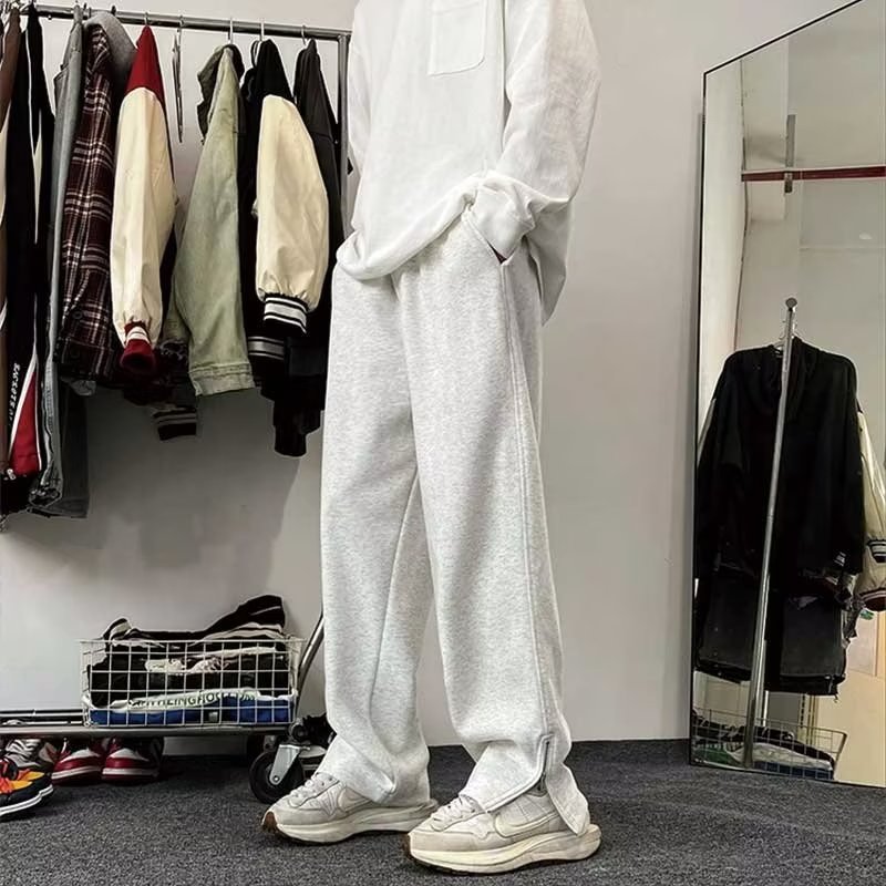 美式复古灰色卫裤男春秋款欧美hiphop裤子宽松直筒阔腿开叉微喇裤