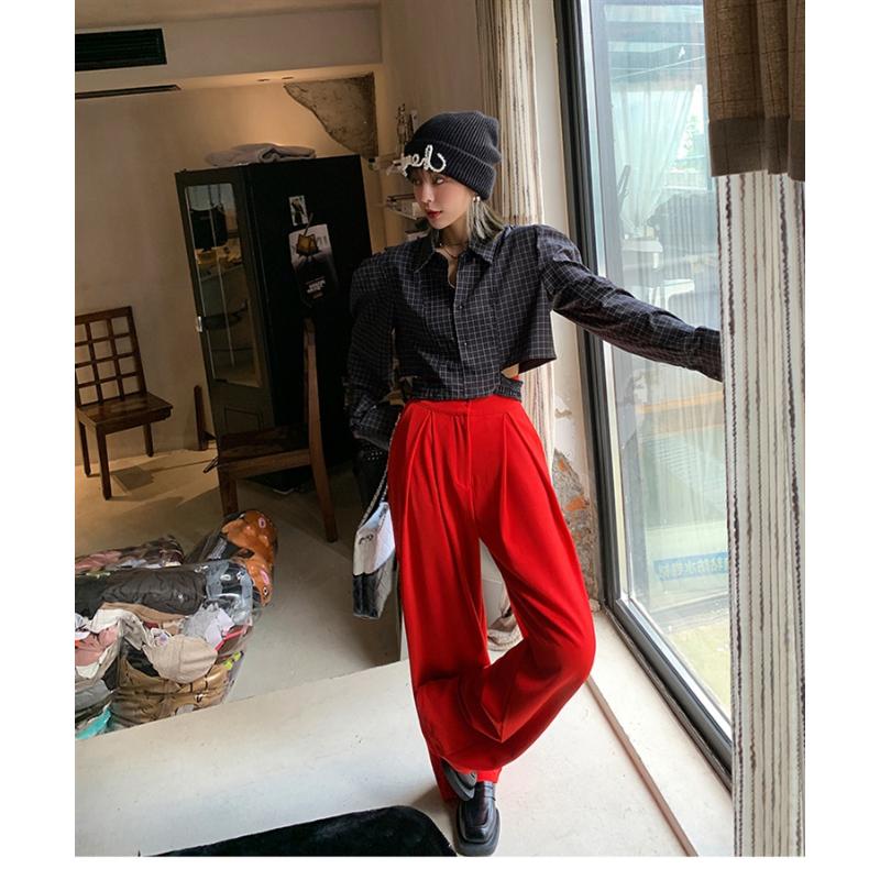 设计感小众高级感垂感显瘦质感直筒宽松高腰红色拖地阔腿西装裤女