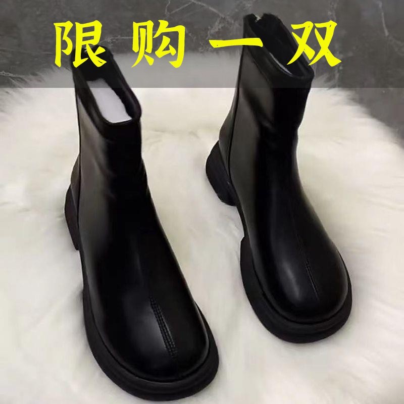 百丽纯爱真软皮马丁靴女2023秋冬新款时尚英伦风厚底烟筒靴显脚