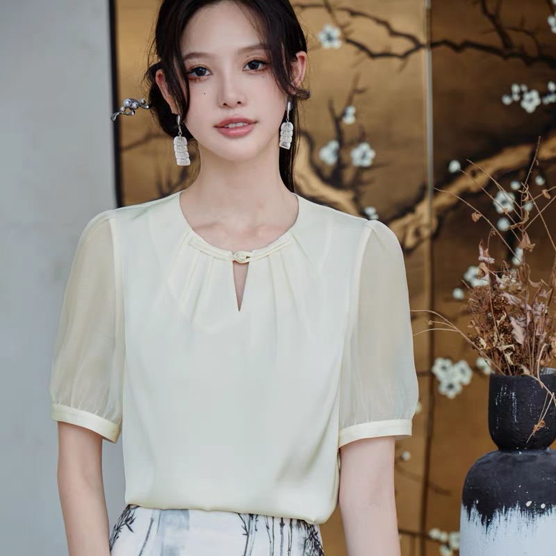 【2419】圆领极简中式国风盘扣上衣夏装新款修身显瘦洋气衬衫
