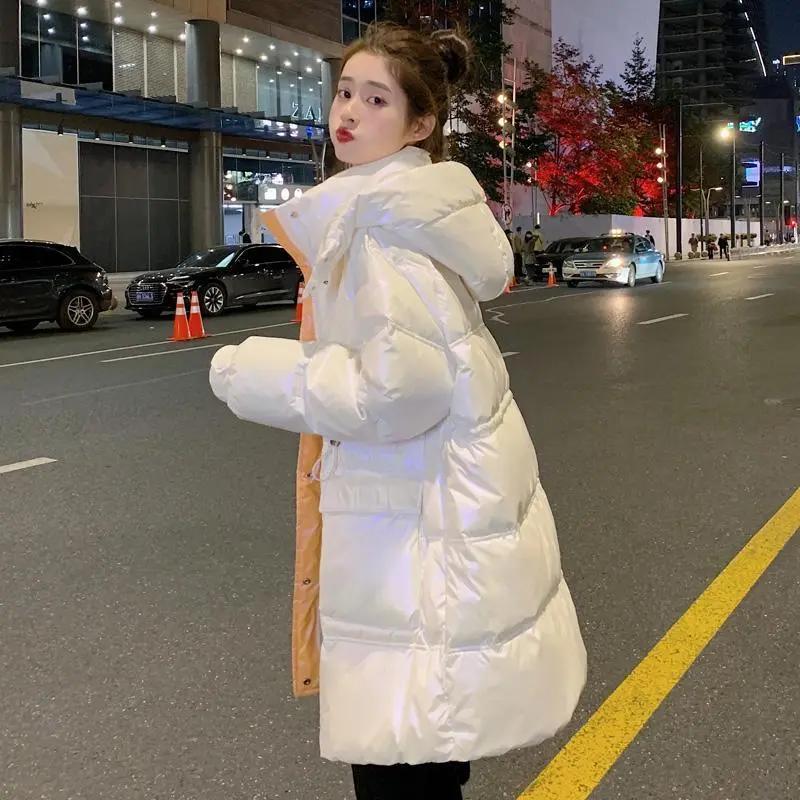 亮面免洗羽绒服棉服女中长款2023年新款爆款收腰连帽小个子白鸭