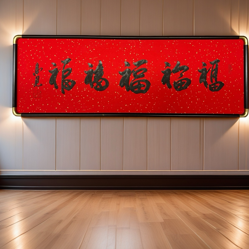 《大五福》92*32厘米黑墨高见书法带框带装裱客厅装饰字画挂墙字画