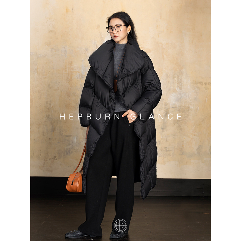 HG/高密三防面料_设计感立翻领90白鹅绒羽绒服女中长款保暖外套