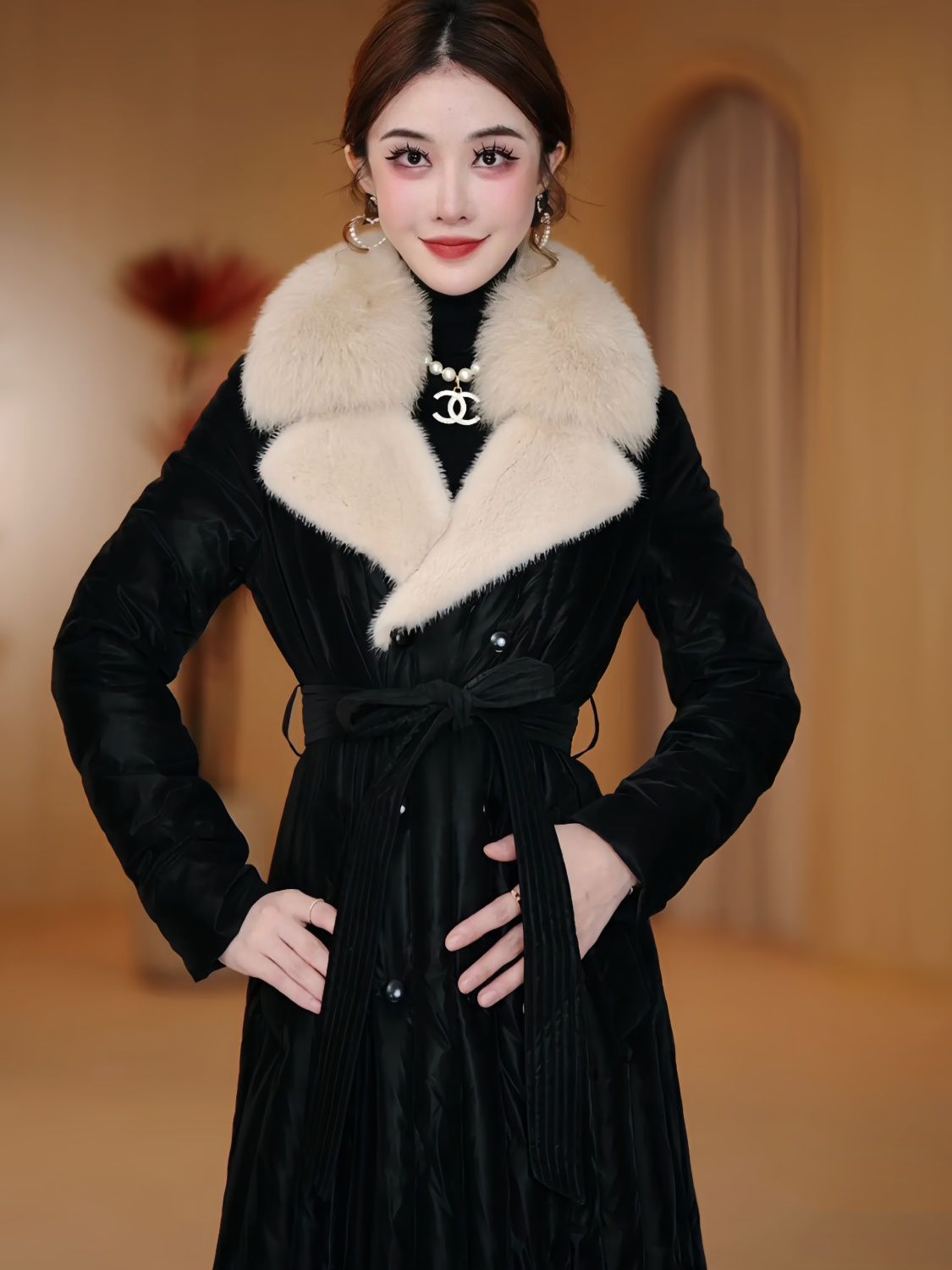 波司澄羽绒服2023新款女款女士季韩版气显瘦中长款修身加厚毛领白