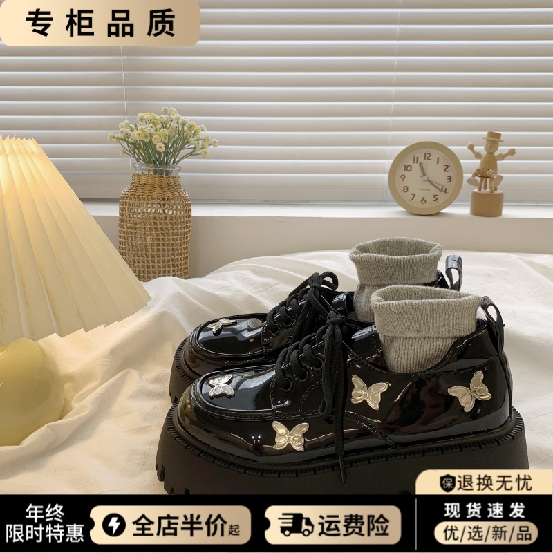 蝴蝶可爱黑色厚底小皮鞋女2023秋季新款英伦风复古矮子乐增高单鞋