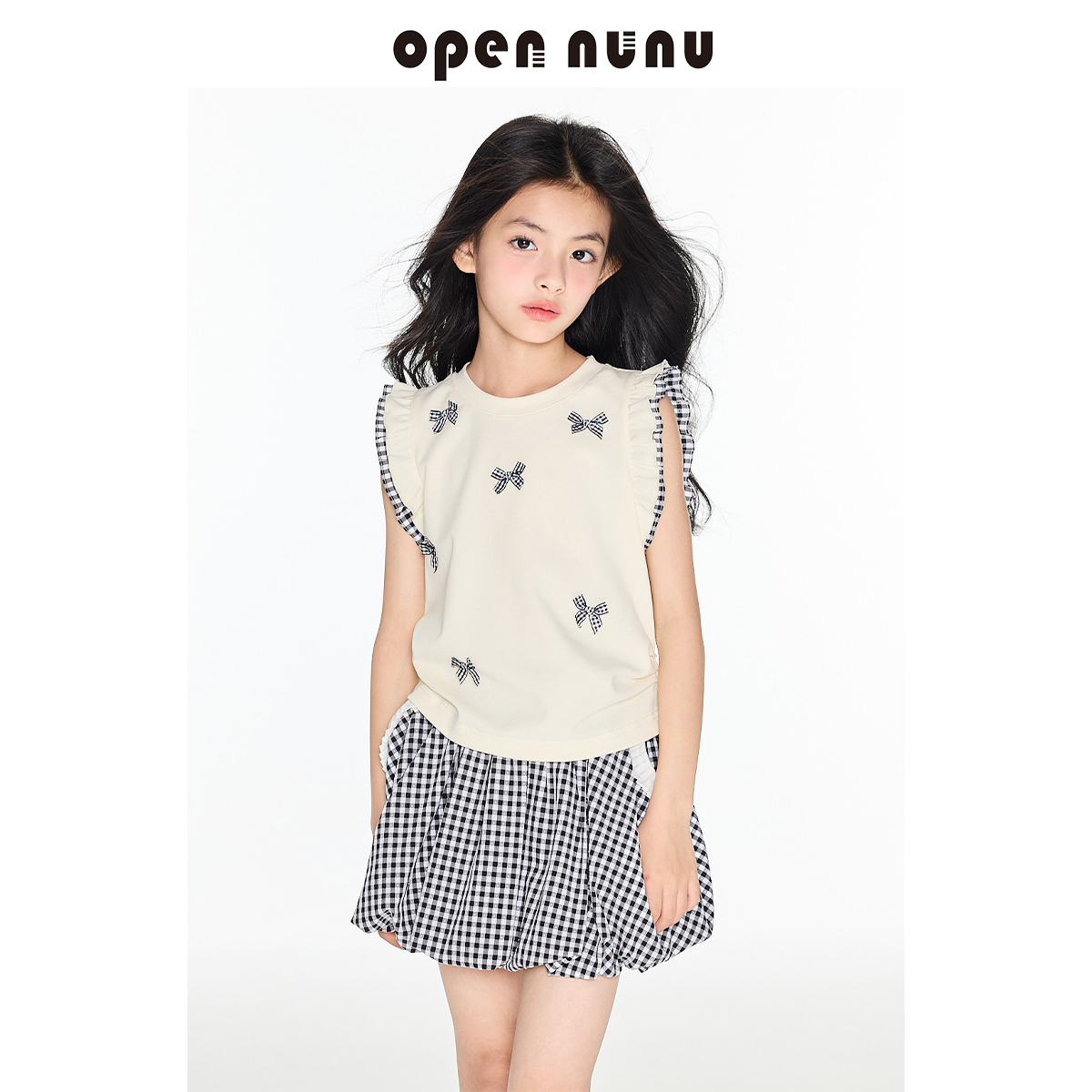 Opennunu女童蝴蝶结少女木耳边背心夏季圆领外穿小飞袖显瘦上衣