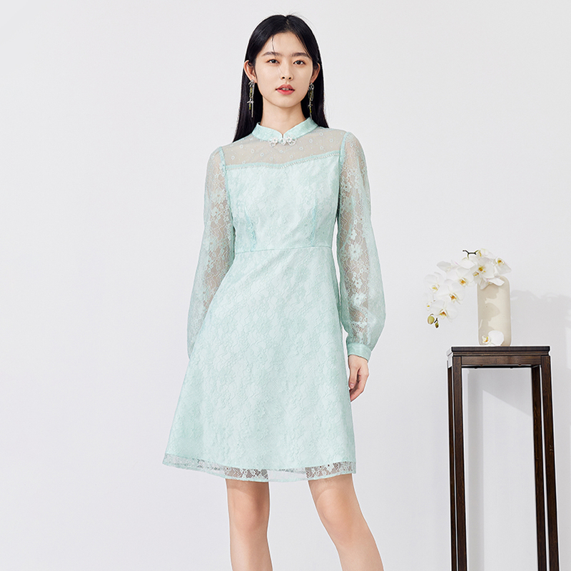 气质连衣裙2025年春季新款女装显瘦长袖网纱裙蕾丝复古