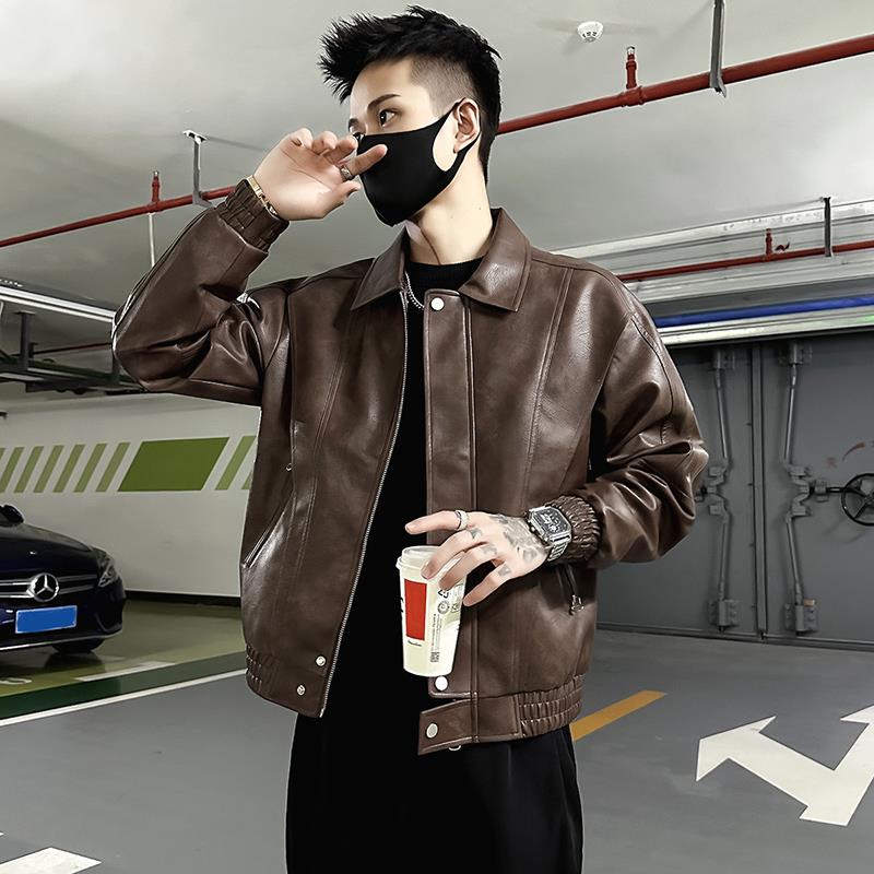 FAVMARTHA 春秋季做旧皮衣外套男潮牌痞帅机车服2023新款男装上衣