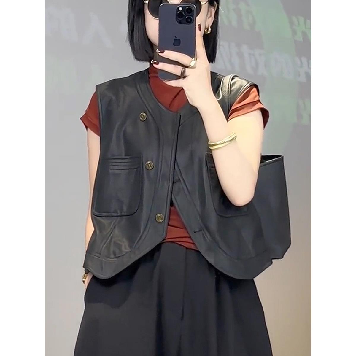 FAVMARTHA欧货pu皮夹克背心马夹女春秋季新款时尚洋气坎肩马甲外