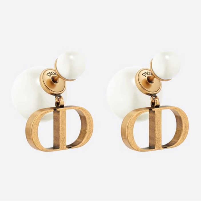 未使用 DIOR/迪奥 汤/TP007379/经典双珍珠CD吊坠耳环