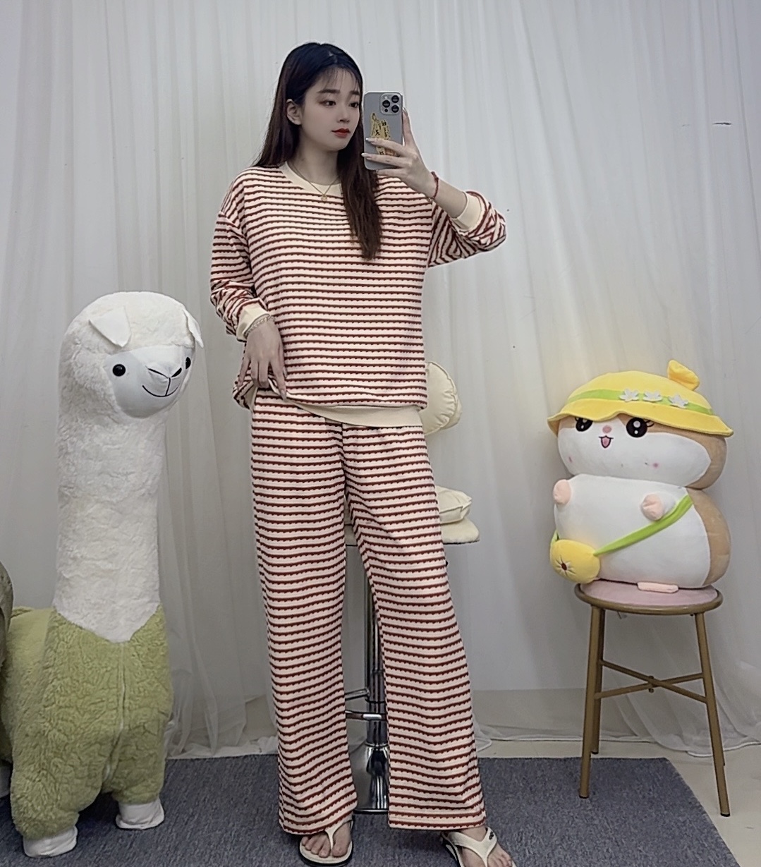 【胸垫款】纯棉条纹长袖睡衣女套装秋冬新款休闲女生家居服668