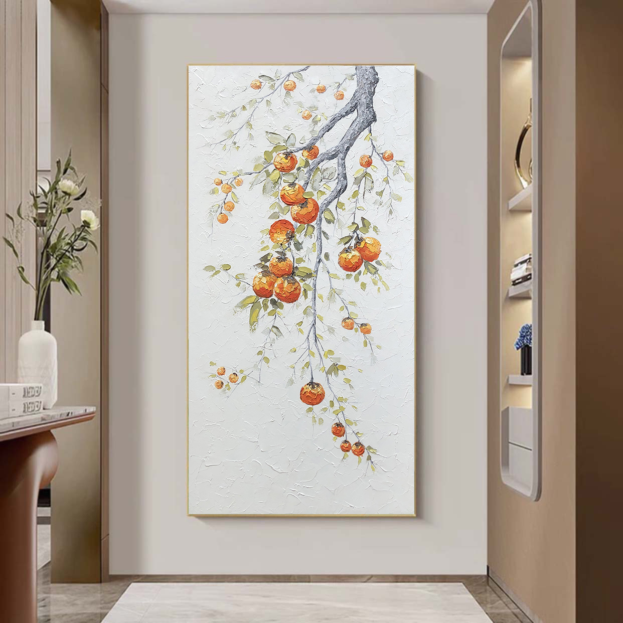 《柿柿如意》玄关纯手绘油画竖版柿子厚肌理装饰画奶油简约风格挂画