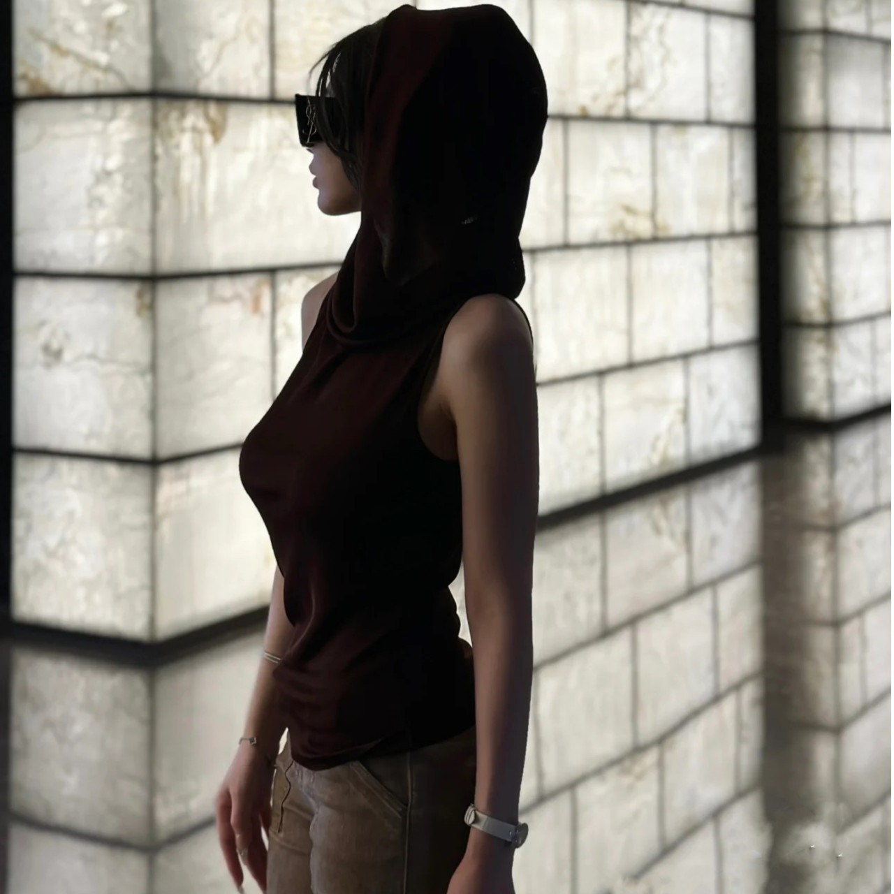 佩佩推荐 舒适好穿垂褶罗纹无袖连帽上衣 A1224