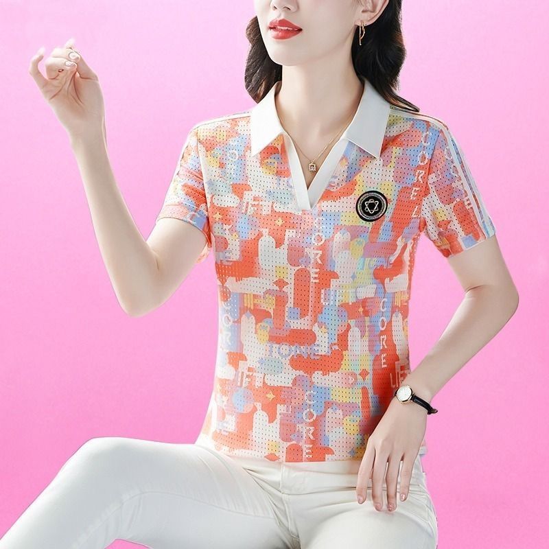 836桔色时尚清新短袖t恤女夏气质减龄polo衫翻领百搭印花上衣