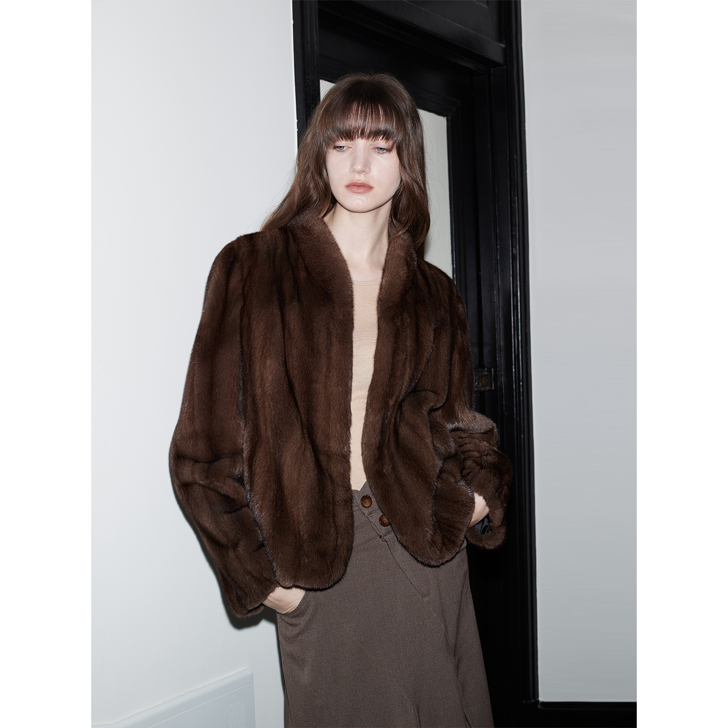 付智恩 暖咖貂 复古经典进口水貂全抽立领短款整貂皮草貂皮大衣冬