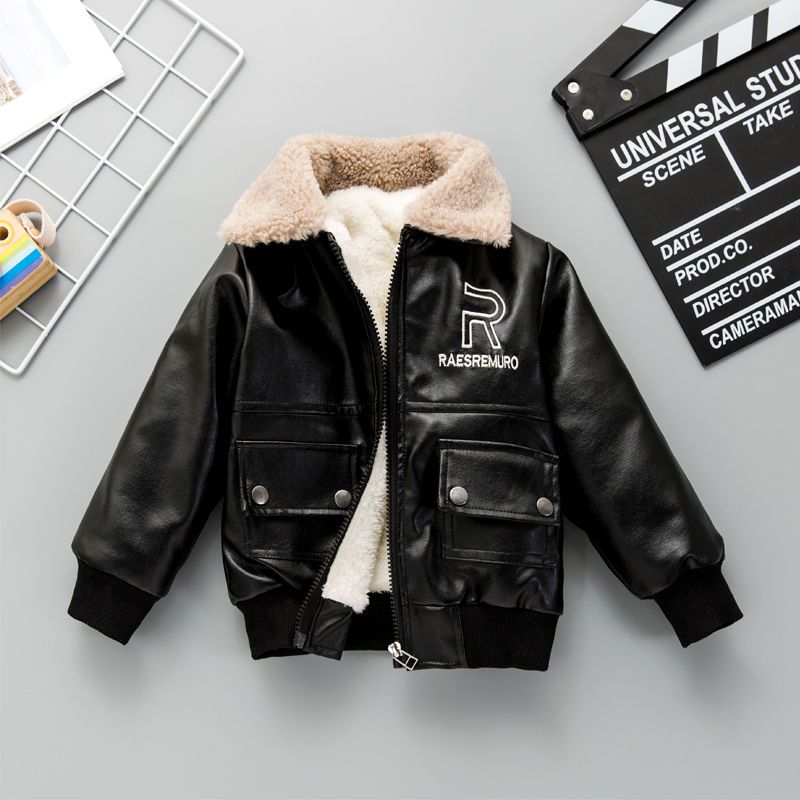 男童冬季加绒皮衣外套2024新款男孩洋气PU皮夹克冬衣儿童加厚外衣