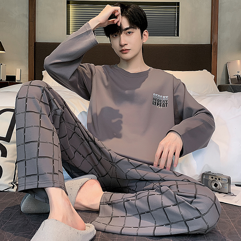 纯棉男士长袖长裤直筒睡衣套装新款秋季休闲家居服