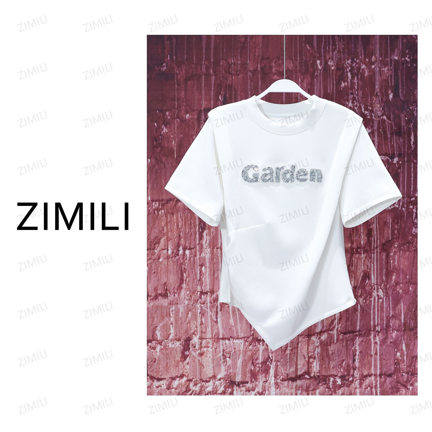 【LIANG哥女装】2024秋季欧版简约字母烫钻小众不规则拼接短袖3306