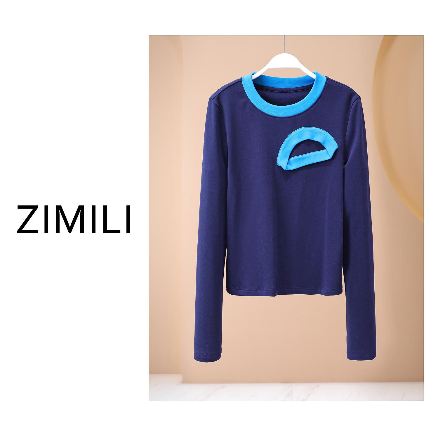 【LIANG哥女装】2025欧货《藏蓝色撞色》圆领磨毛高弹显瘦上衣5215