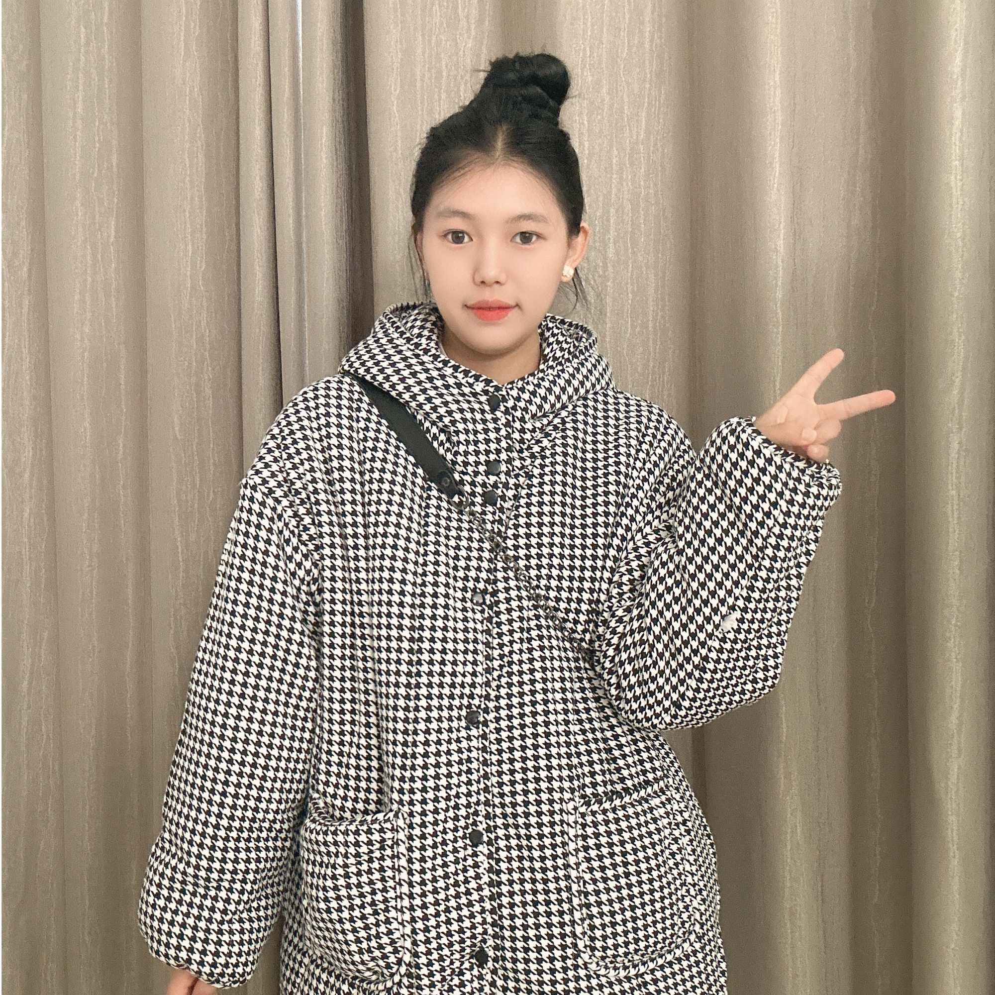 【千鸟格】300g花棉袄连帽开叉中长款宽松家居服女保暖棉衣冬季棉服