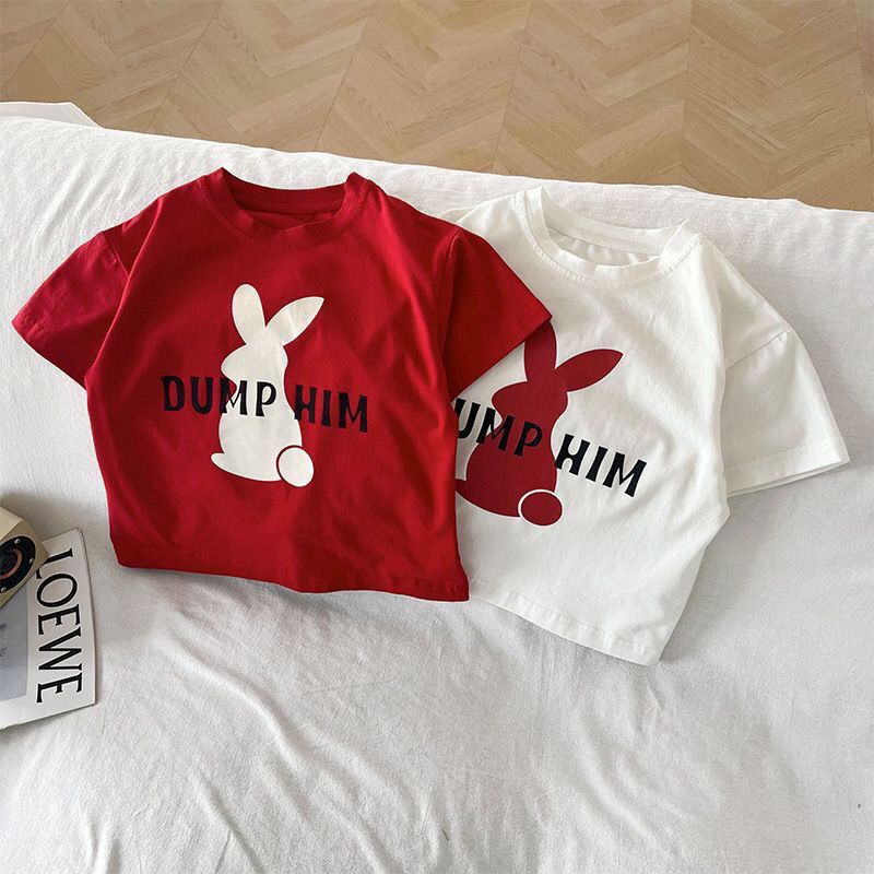 纯棉儿童短袖T恤2023夏季新款男女宝宝中小卡通兔子儿童上衣夏装T