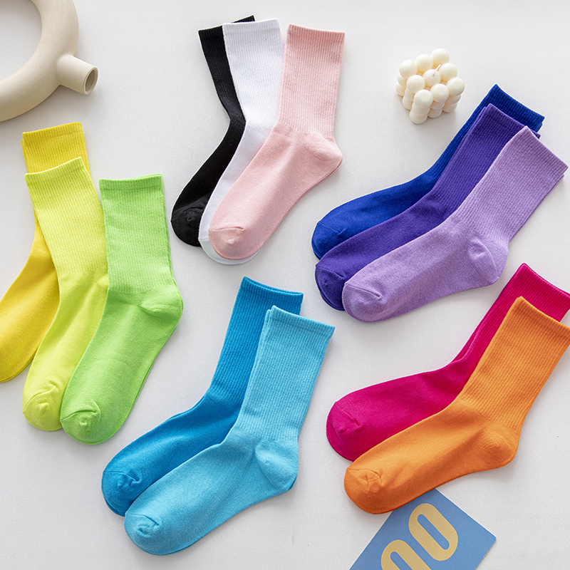 玫红蓝色绿色彩色袜子女中筒袜ins潮荧光薄款糖果色夏季纯色百搭