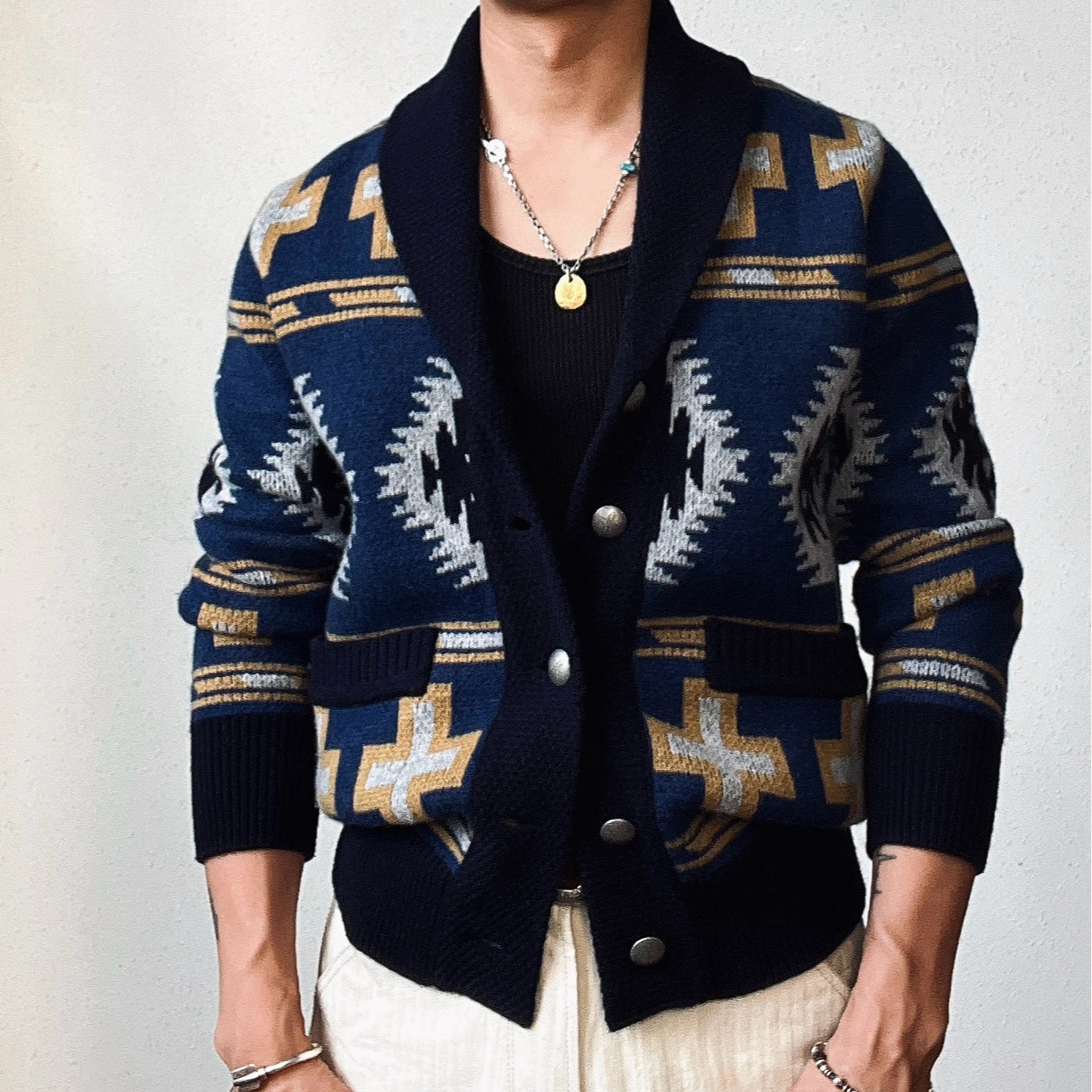 刺度复古百搭星空纳瓦霍开衫青果领毛衣