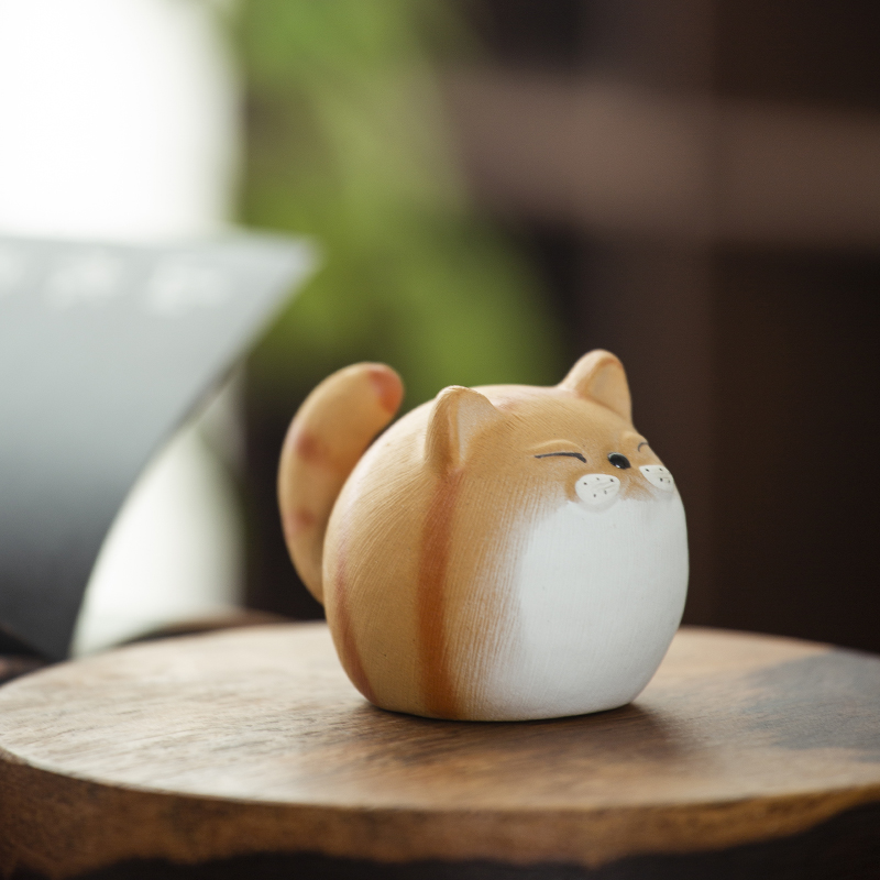 宜兴紫砂段泥橘猫盖置迷你手工招财猫茶宠可养可爱卡通茶玩小摆件