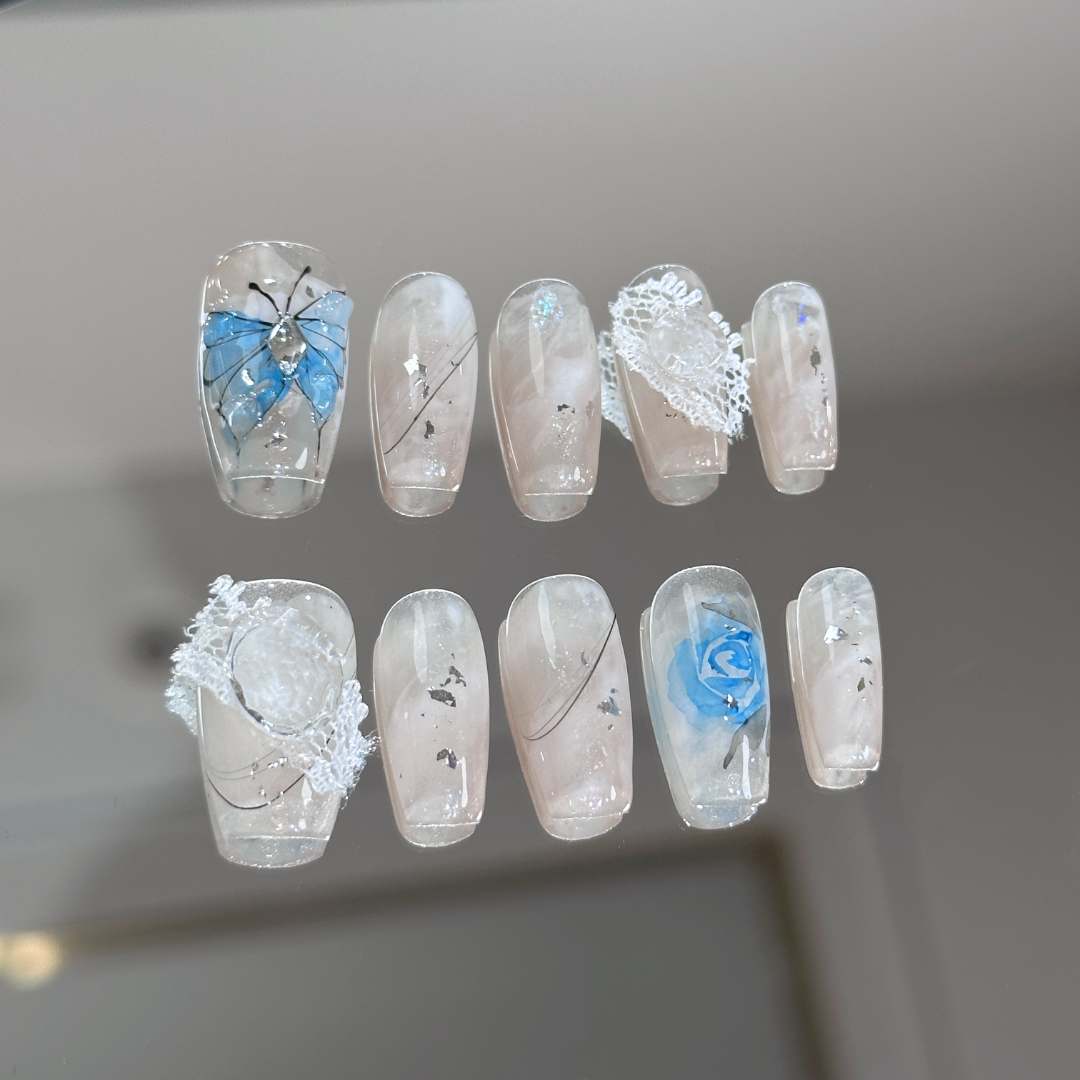 【蓝玫幻蝶】小众水彩手绘百搭款蝴蝶纯手工穿戴甲夏日美甲甲片