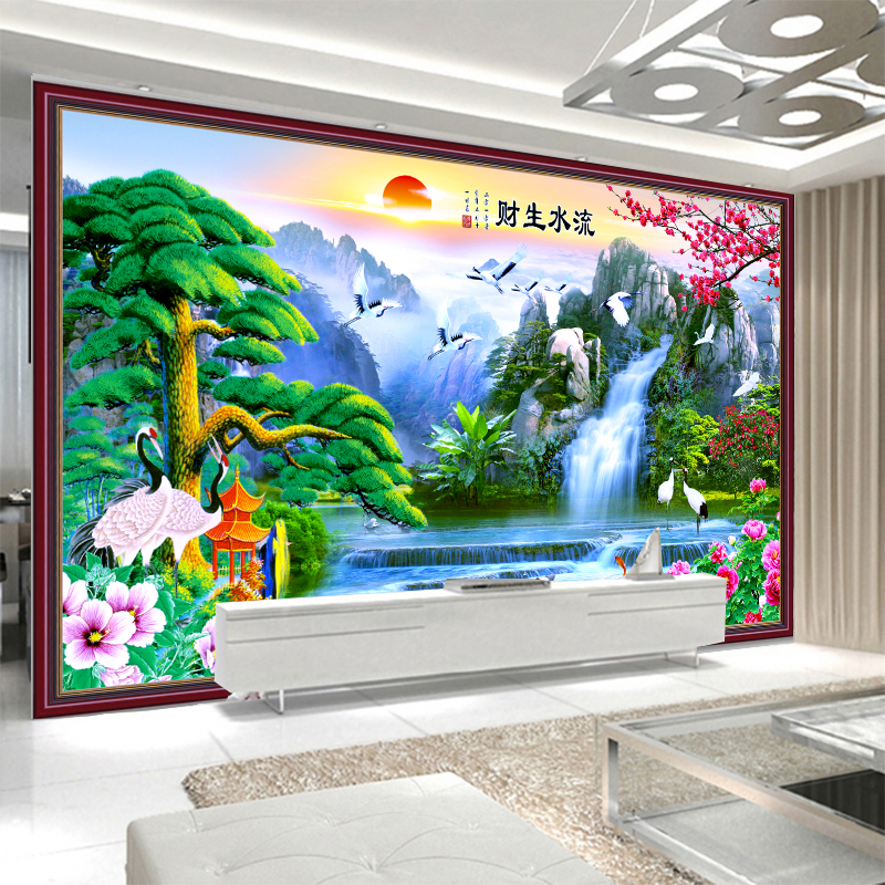 【流水生财】中式现代立体客厅电视背景墙9D山水画影视墙定制壁画