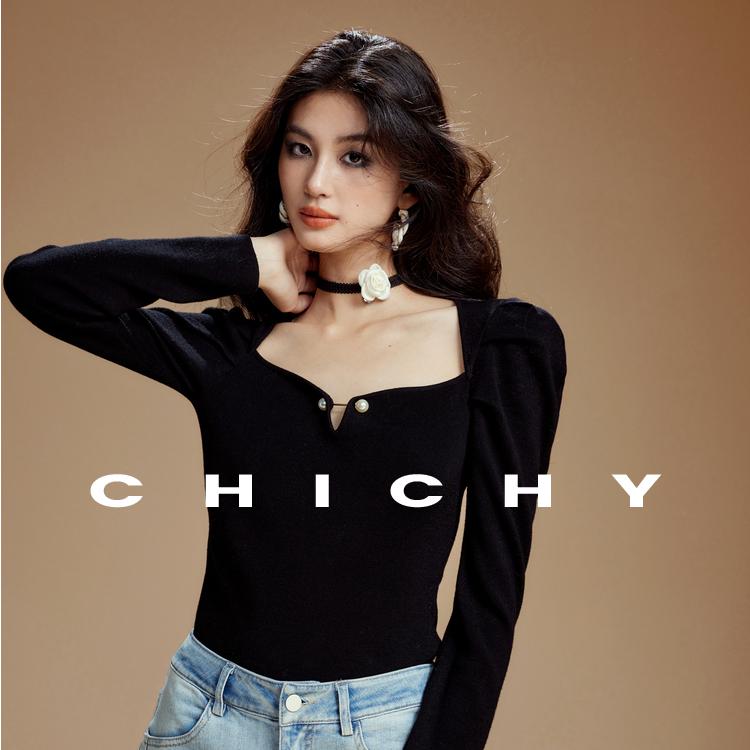 【SA轻奢】CHICHY名媛风高级感针织衫方领打底上衣CW0D005241