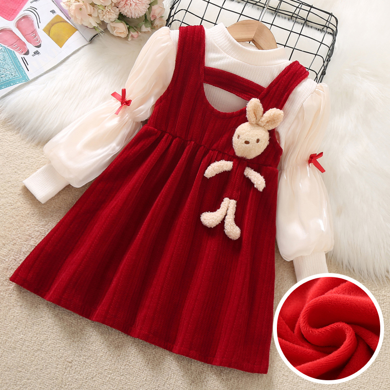 女童背心裙套装冬季过年连衣裙儿童宝宝小女孩公主裙子红色拜年服