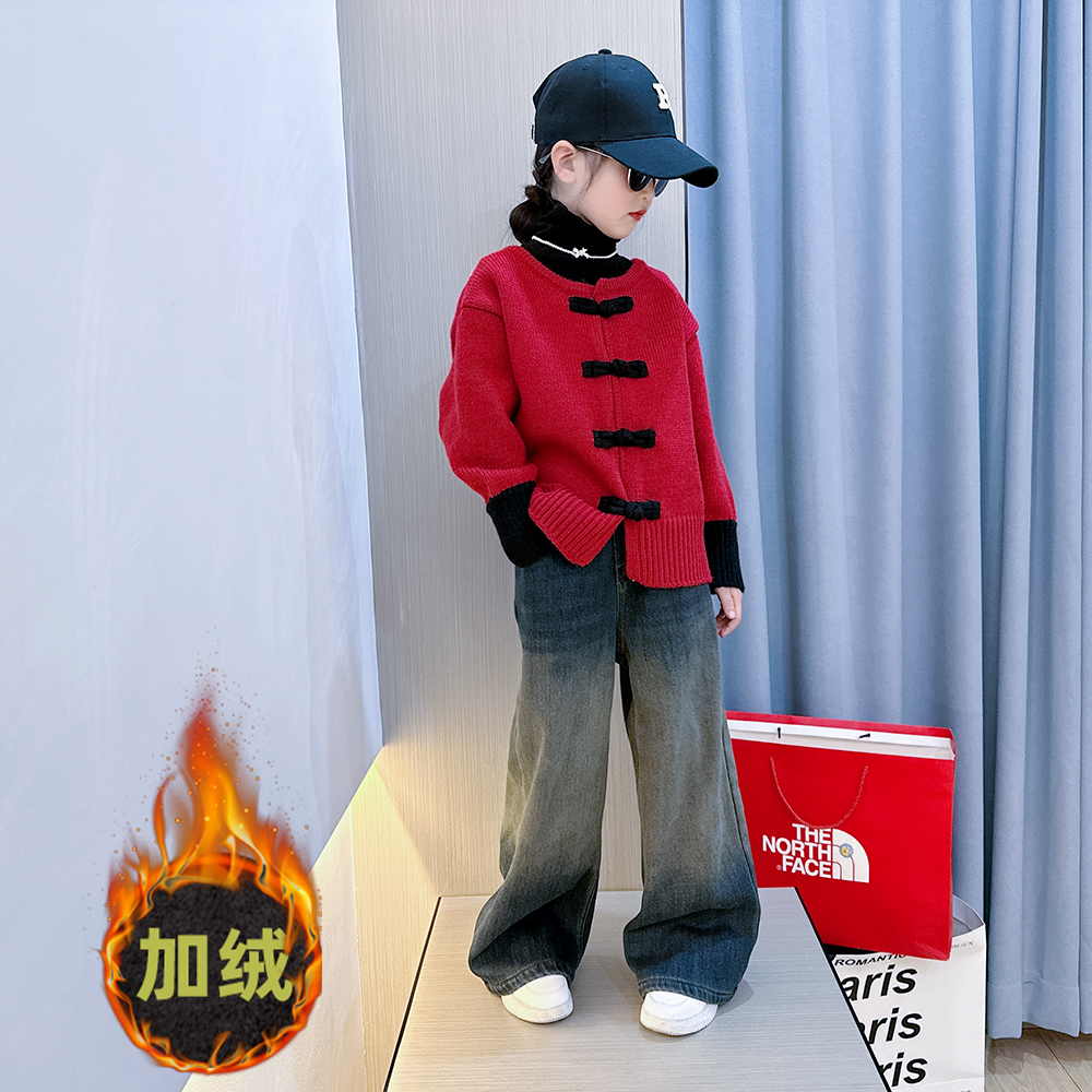 女童2023新年服国风盘扣毛衣开衫儿童秋冬保暖针织外套女孩冬装潮