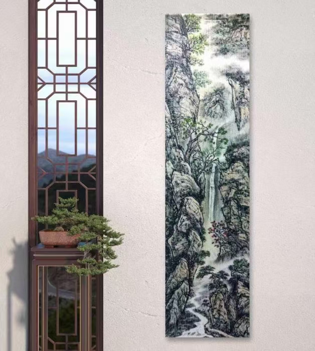 新中式山水装饰画玄关挂画窄长条入门茶室背景墙壁画原创手绘