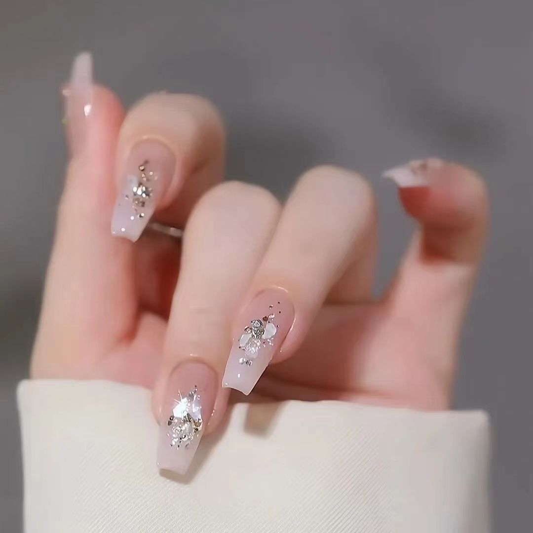 曼莎手工穿戴甲夏季简约气质裸色渐变银河粉亮片美少女指甲贴片