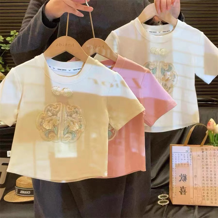 女童新中式短袖2024夏装国风宝宝中大童半袖休闲T恤上衣女孩时尚