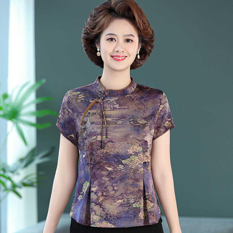 妈妈夏装真丝短袖短款上衣中老年人女印花半袖宽松旗袍领薄款大码