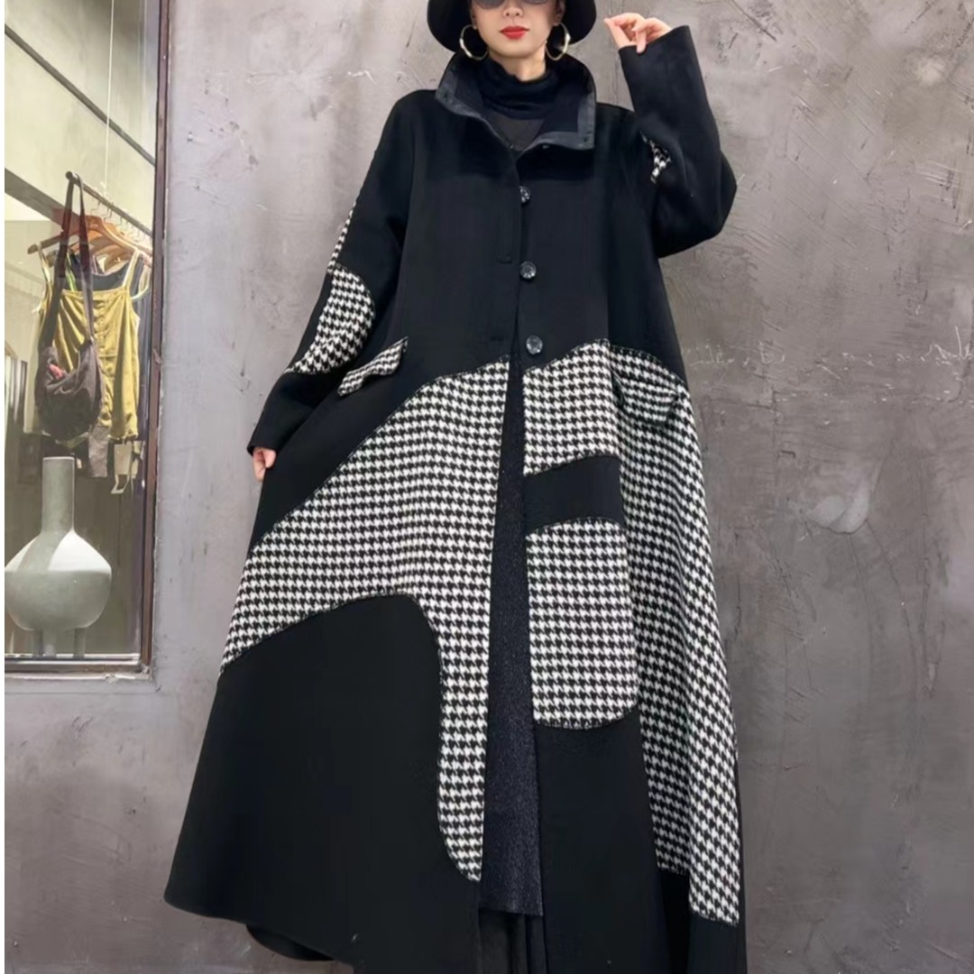 Z休闲拼接黑色千鸟格羊毛气质阔版大衣格子显瘦黑白大衣8680-3