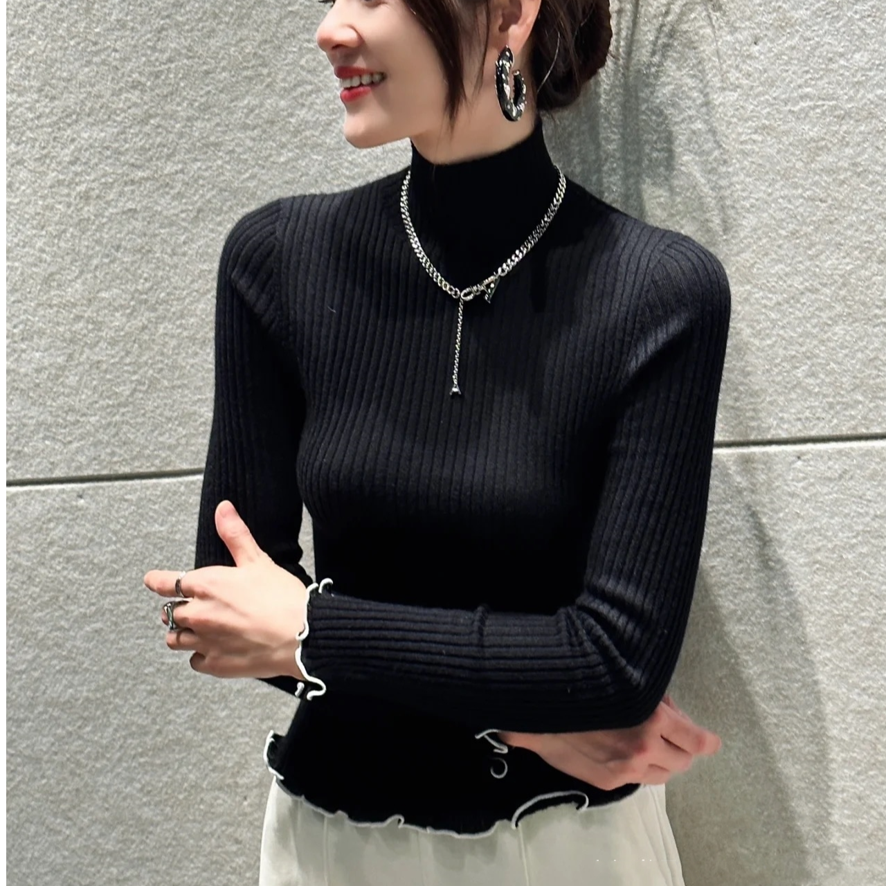 【AMSSGIRD】秋季百搭新款修身花边打底针织衫上衣女5399651