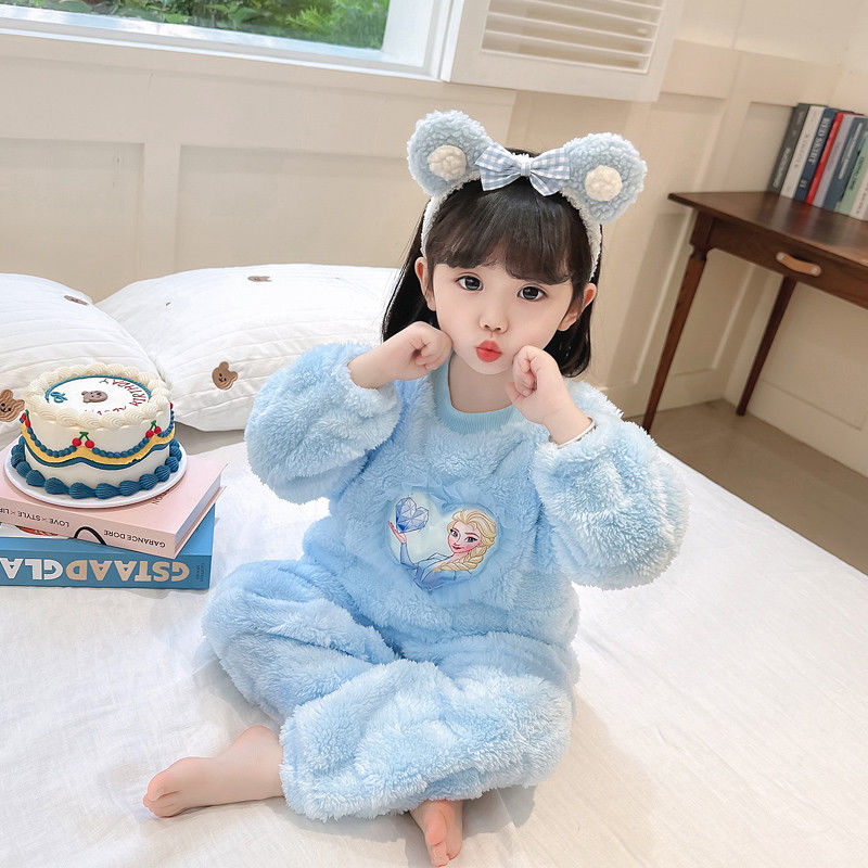 女童珊瑚绒睡衣秋冬加厚宝宝家居服小童女孩艾莎公主儿童保XIANNL