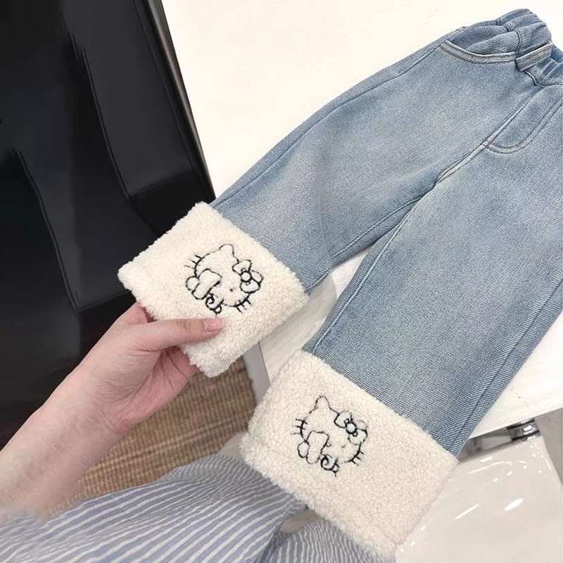 童装女童加绒牛仔裤25秋冬可爱宝宝裤子卡通羊羔毛拼接儿童直筒裤