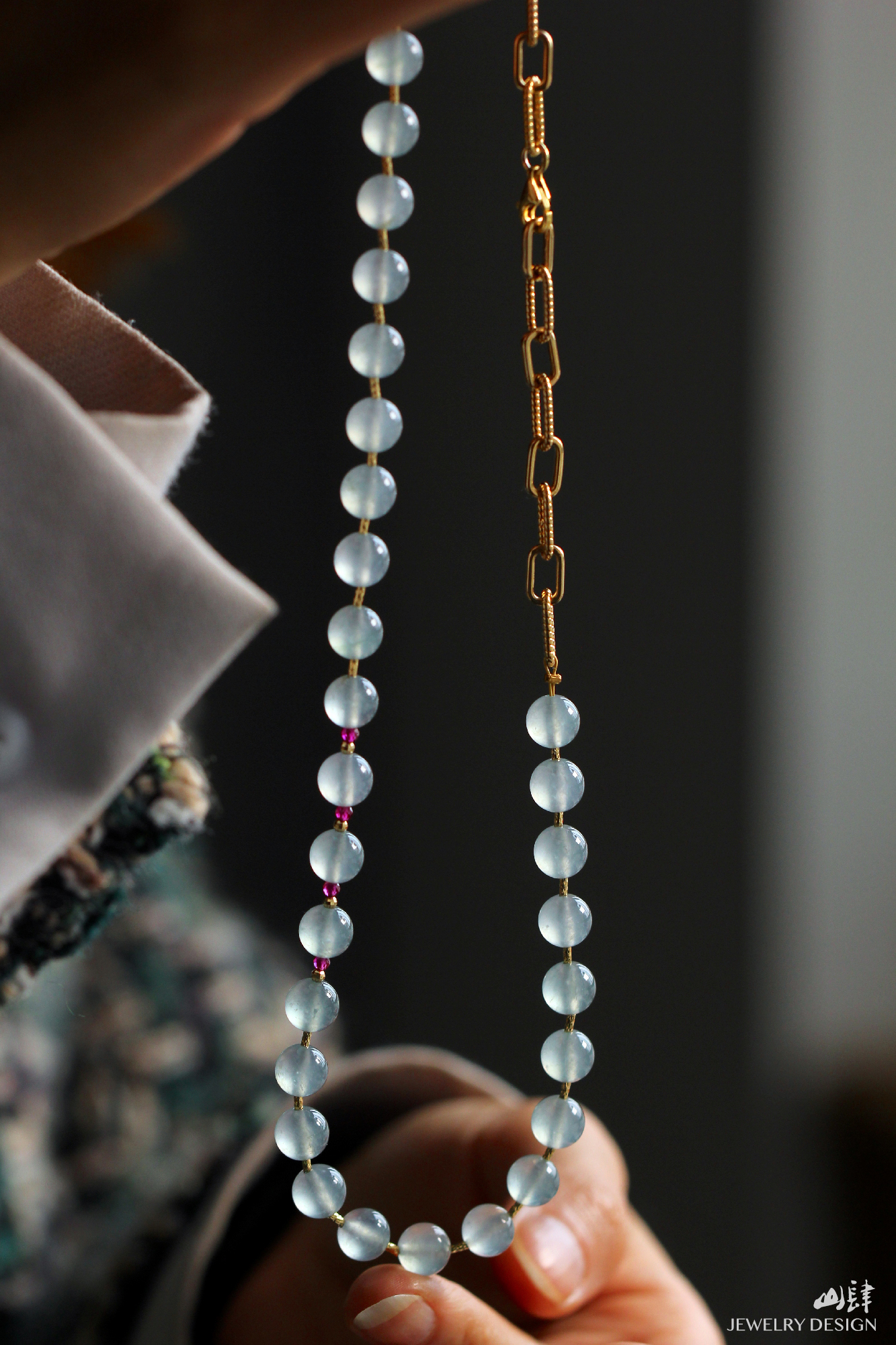 山肆珠链 高冰种翡翠18k金项链